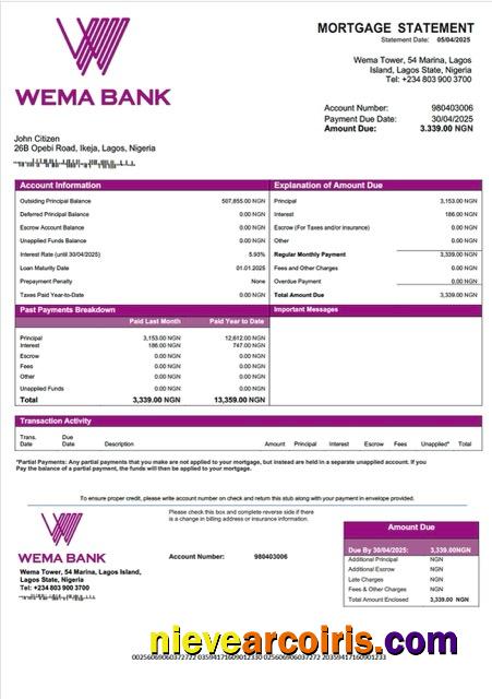 Nigeria Wema Bank mortgage statement Word and PDF template